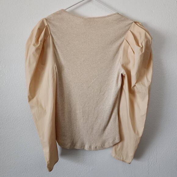 Ulla Johnson Joanne Poplin Sleeve Rib Knit Top Ribbed Jersey Oatmeal Beige - Picture 6 of 14